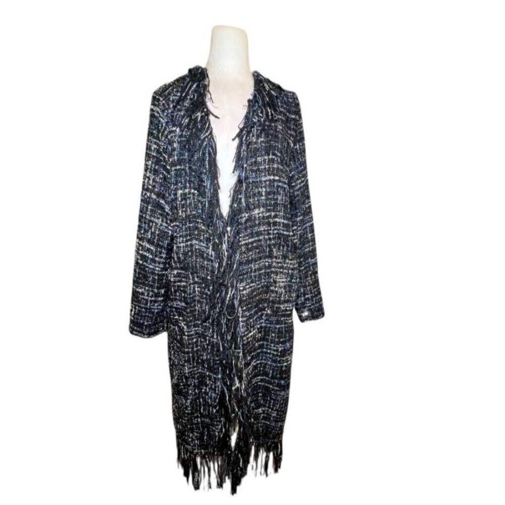 Boston Proper Metallic Tweed Fringe Long Jacket Womens 12 Black Blue Indie Alt